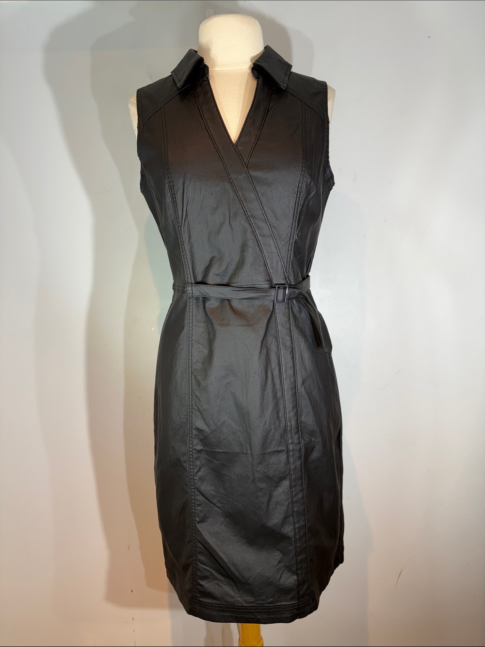 WHBM Outlet Faux Leather coated look  Stretch Wrap Dress Belted Charcoal Size 14